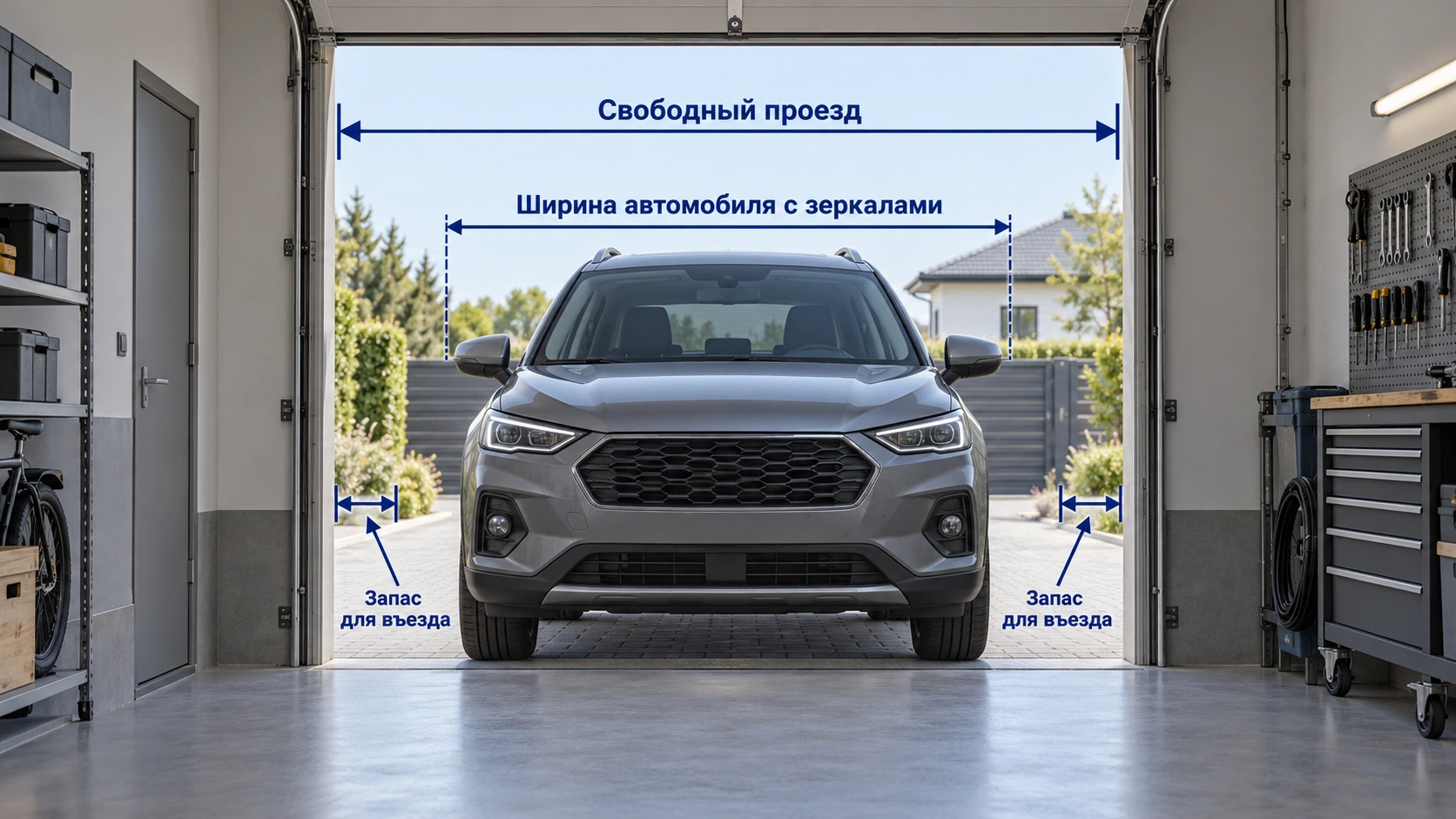 Проверка ширины свободного проезда по автомобилю с раскрытыми зеркалами и запасу с двух сторон