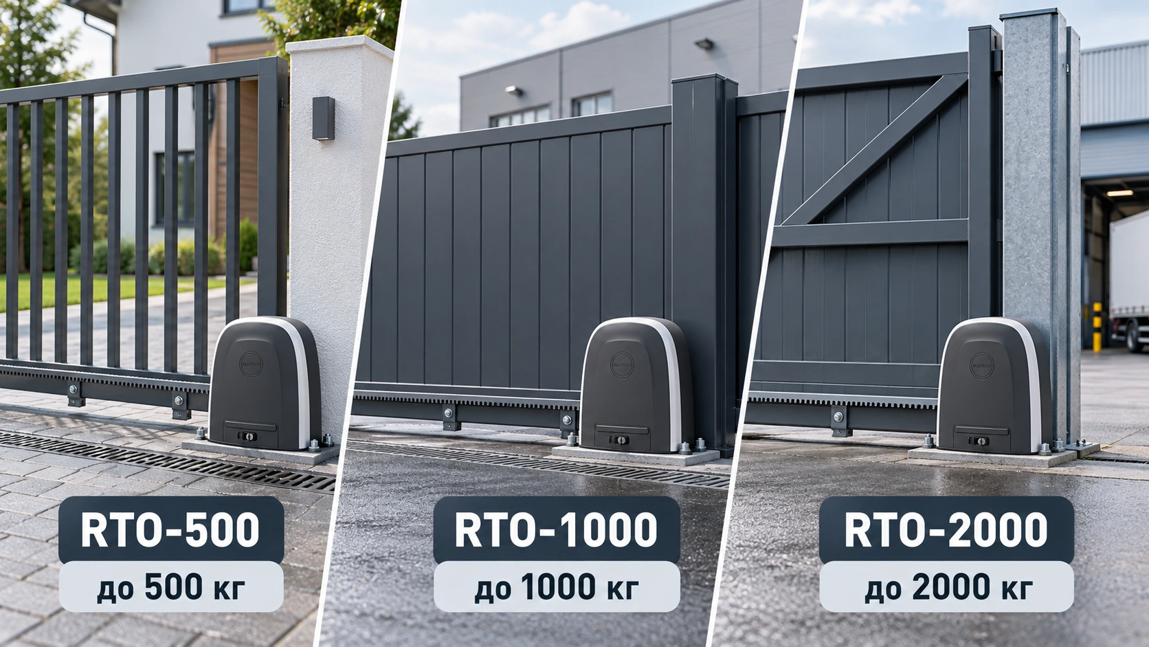 Модели ALUTECH Roteo RTO-500, RTO-1000 и RTO-2000 с пределами массы створки 500, 1000 и 2000 кг