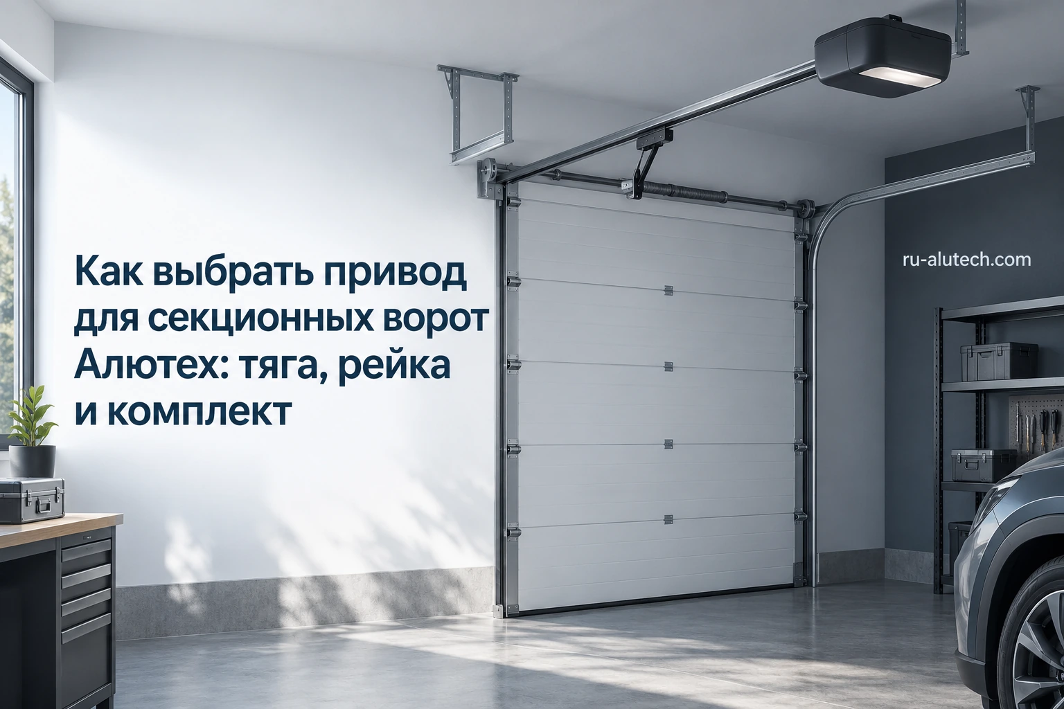 Потолочный привод, центральная рейка и сбалансированное полотно образуют одну рабочую систему.